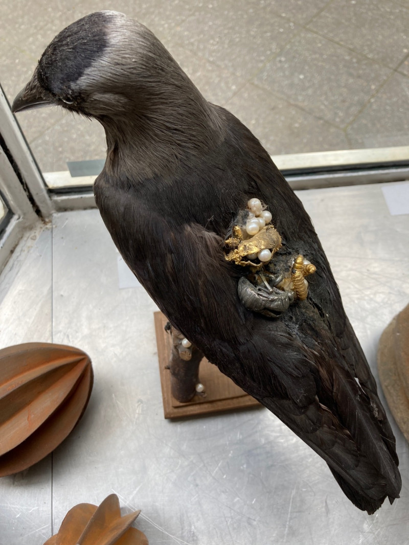 Untitled (Black bird with golden cicadas and pearls)